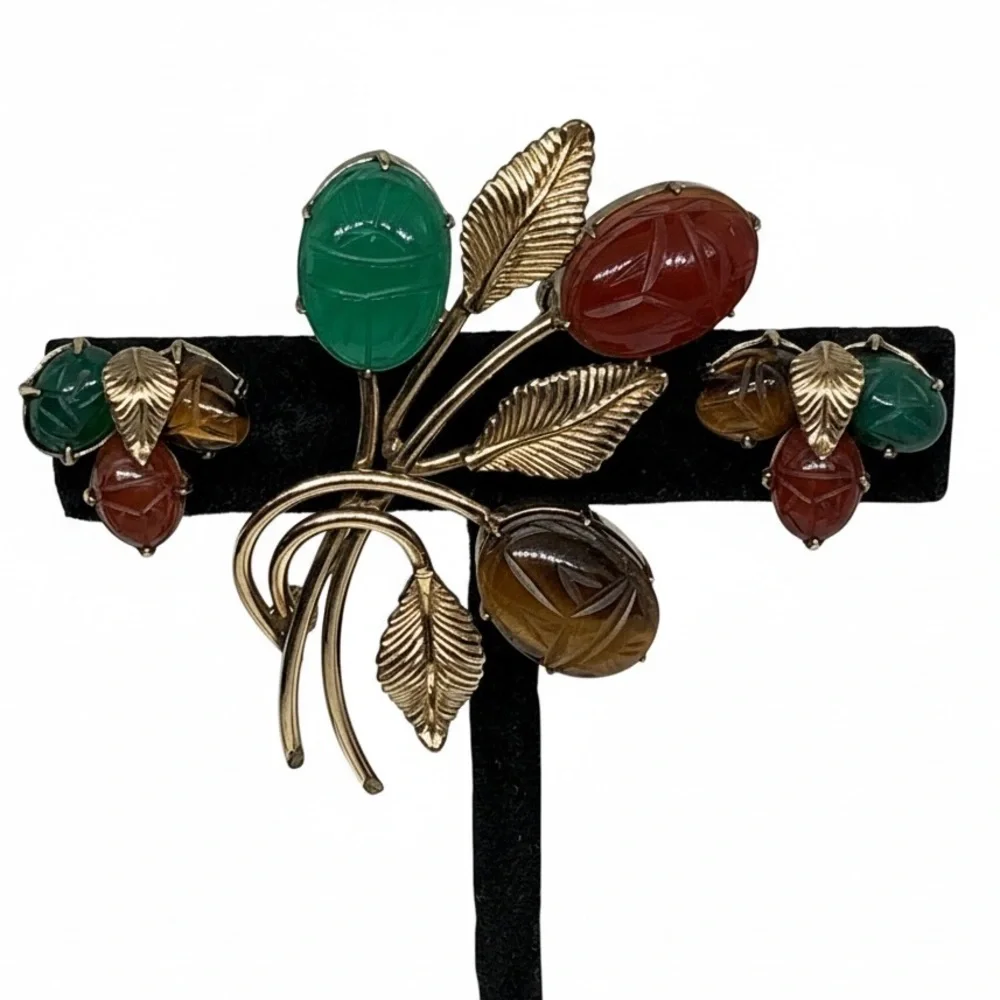 Vintage Scarab Brooch Earrings Set 12K GF Etched Gemstones Mid Century Signed